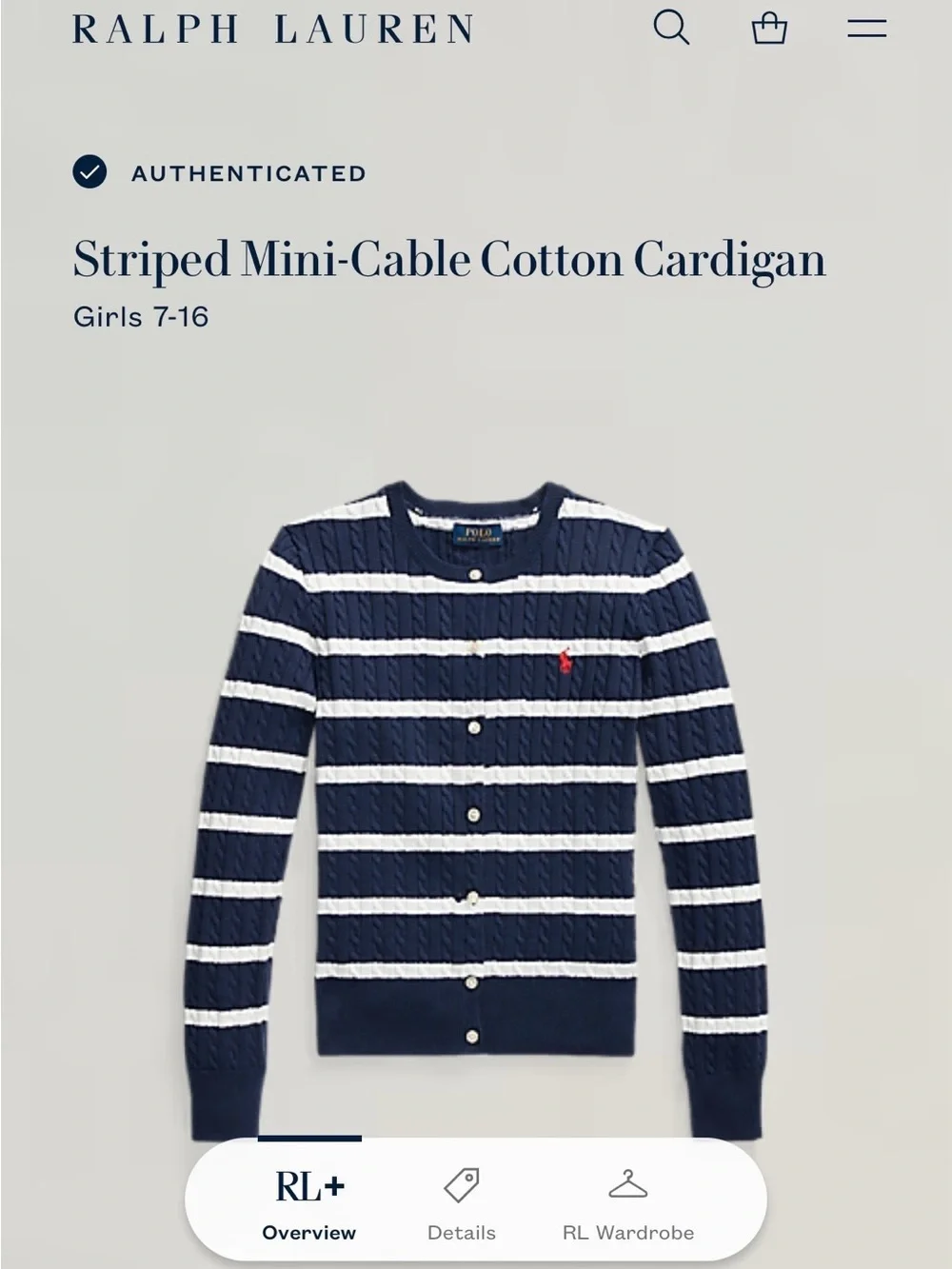 POLO RALPH LAUREN Girls sz XL 14-16 Cable Knit Cardigan Navy Blue White Striped - Picture 6 of 10
